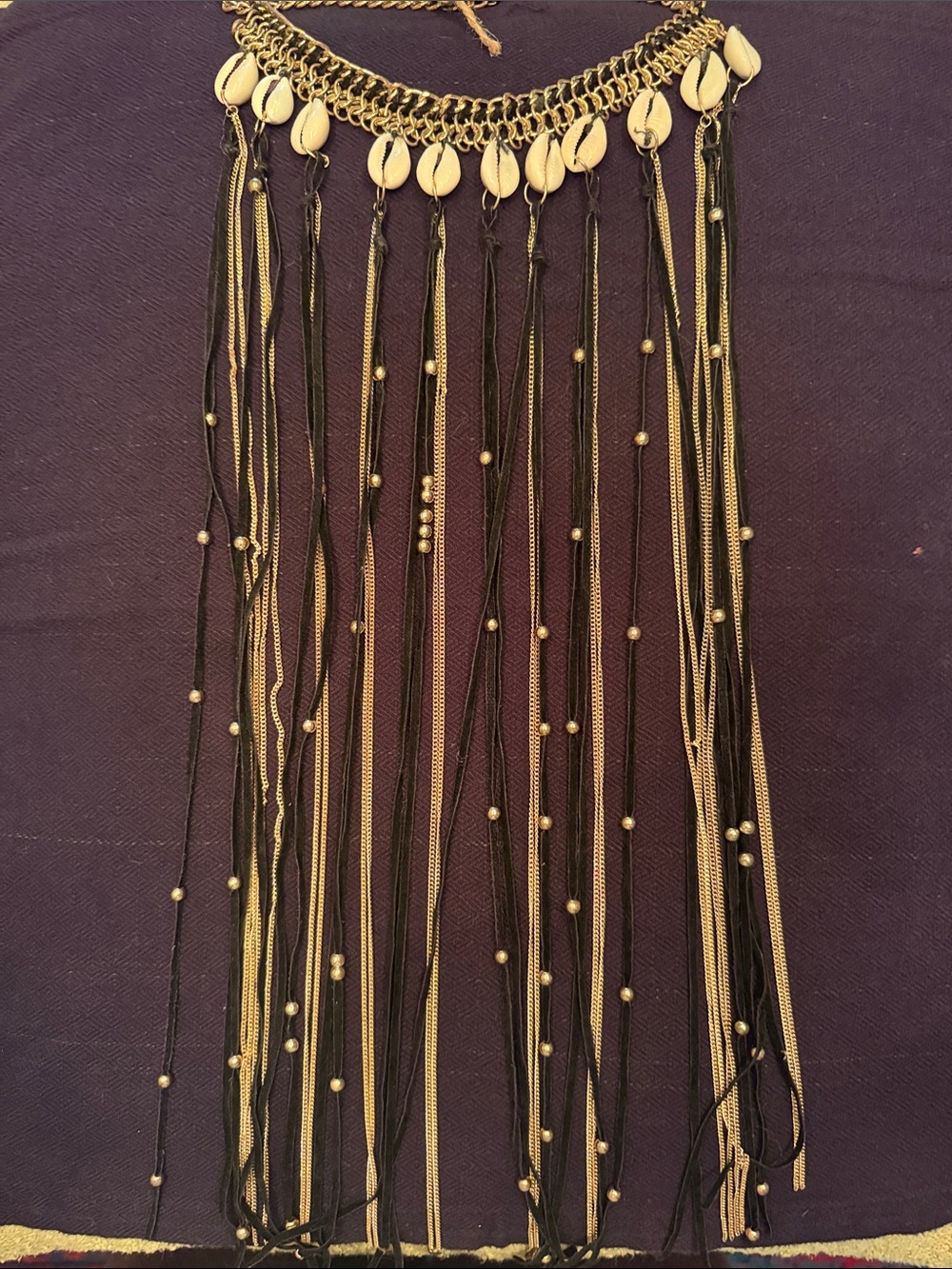 Gold and Black Fringe with cowrie shell necklace/Skirt/ purse Accessory